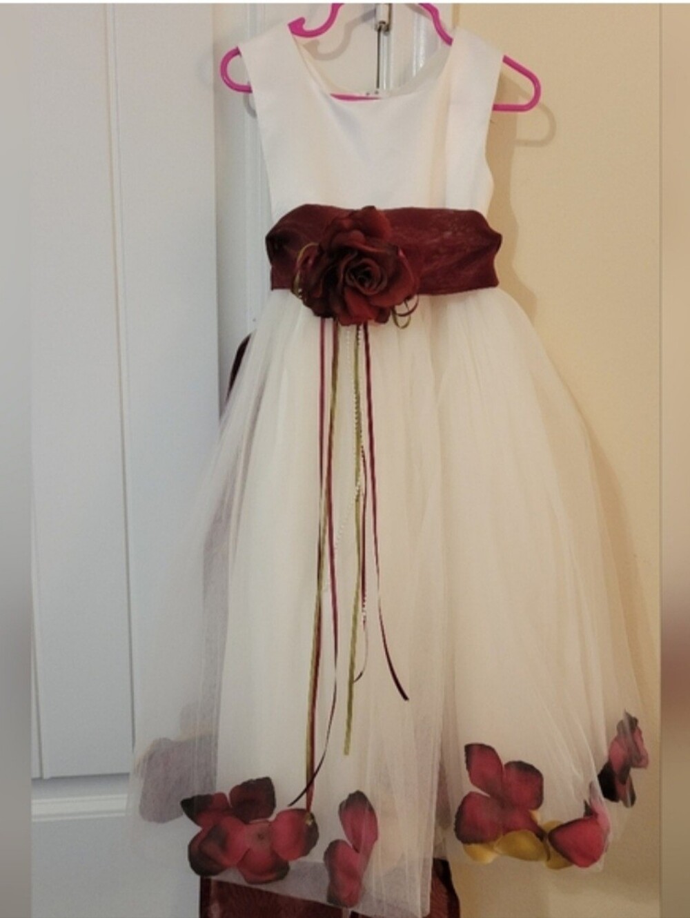 Kid's Dream White Tulle Dress with Burgundy and Cream Flower Accents